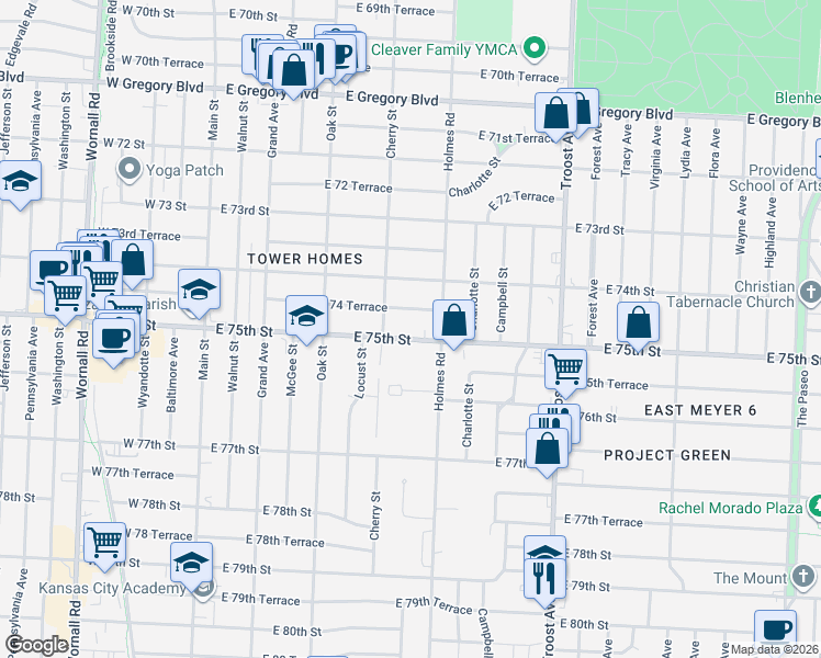 map of restaurants, bars, coffee shops, grocery stores, and more near 635 East 74 Terrace in Kansas City