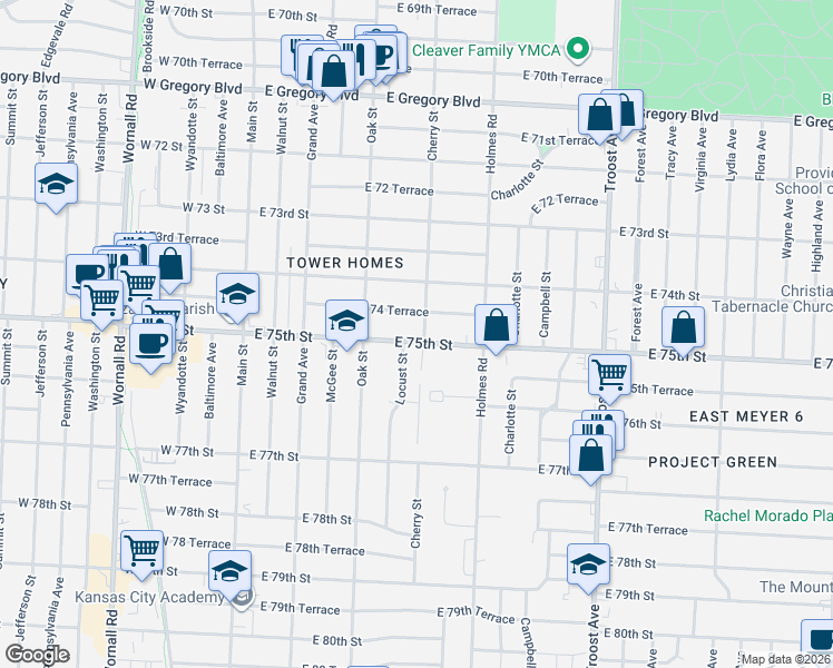 map of restaurants, bars, coffee shops, grocery stores, and more near 601 East 74 Terrace in Kansas City