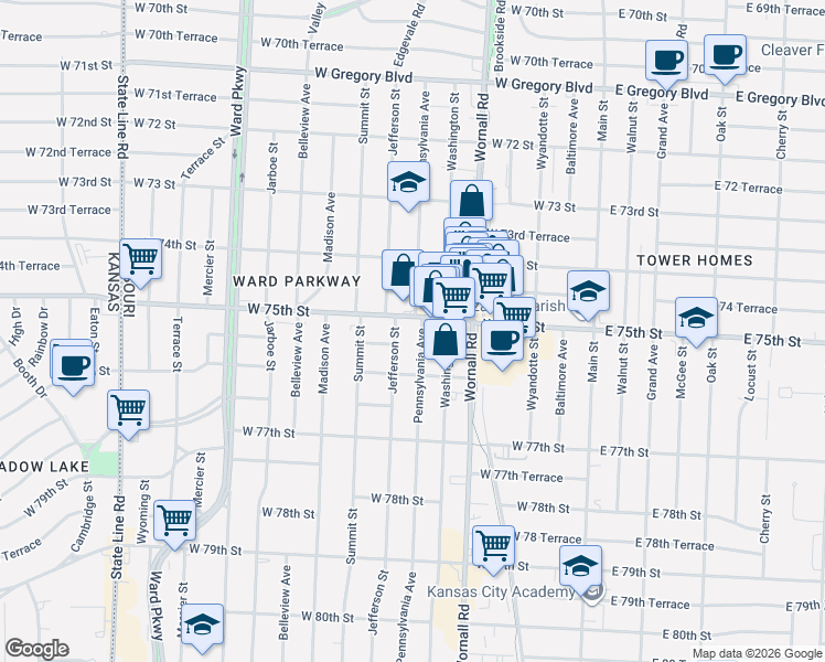 map of restaurants, bars, coffee shops, grocery stores, and more near 520W West 75th Street in Kansas City