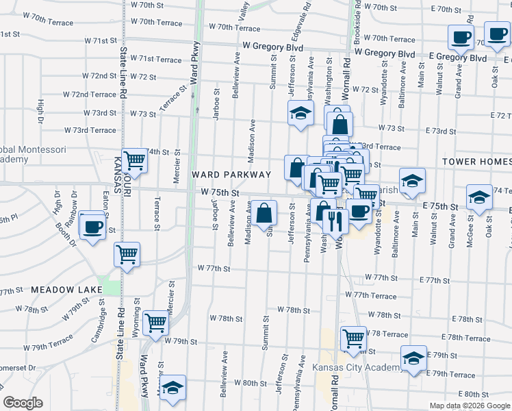 map of restaurants, bars, coffee shops, grocery stores, and more near 801 West 75th Street in Kansas City
