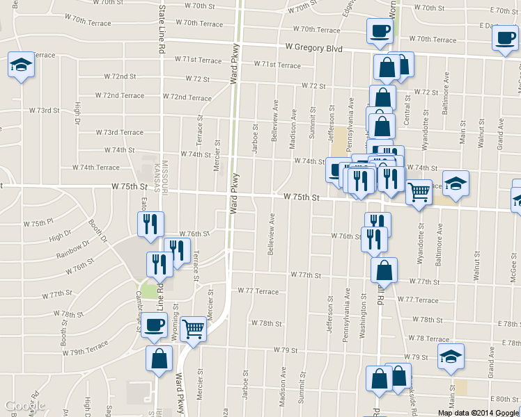 map of restaurants, bars, coffee shops, grocery stores, and more near 1019 West 75th Street in Kansas City