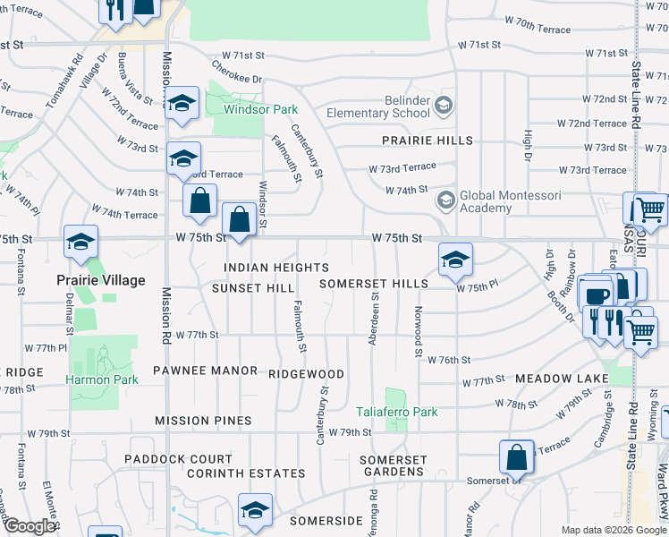 map of restaurants, bars, coffee shops, grocery stores, and more near 7518 Canterbury Court in Prairie Village