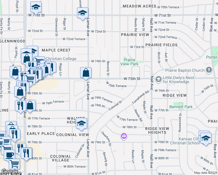 map of restaurants, bars, coffee shops, grocery stores, and more near 6023 West 75th Terrace in Prairie Village