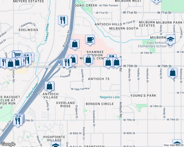 map of restaurants, bars, coffee shops, grocery stores, and more near 7516 Grandview Lane in Overland Park