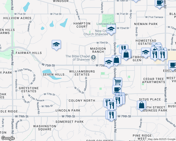 map of restaurants, bars, coffee shops, grocery stores, and more near 12321 West 75th Street in Shawnee