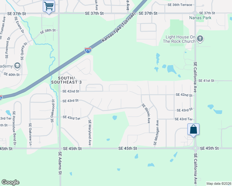 map of restaurants, bars, coffee shops, grocery stores, and more near 1210 Southeast 42nd Street in Topeka