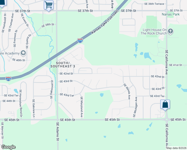 map of restaurants, bars, coffee shops, grocery stores, and more near 1103 Southeast 42nd Street in Topeka
