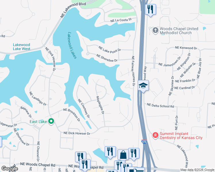map of restaurants, bars, coffee shops, grocery stores, and more near 653 Northeast Rushbrook Court in Lee's Summit