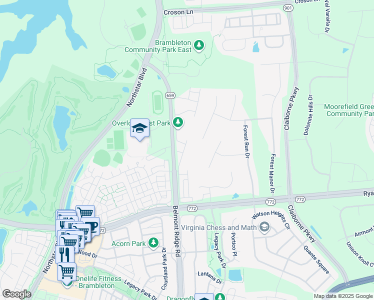 map of restaurants, bars, coffee shops, grocery stores, and more near 22588 Parkland Farms Terrace in Ashburn