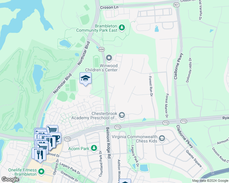 map of restaurants, bars, coffee shops, grocery stores, and more near 22588 Parkland Farms Terrace in Ashburn
