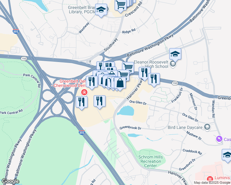 map of restaurants, bars, coffee shops, grocery stores, and more near 7545 Greenbelt Road in Greenbelt