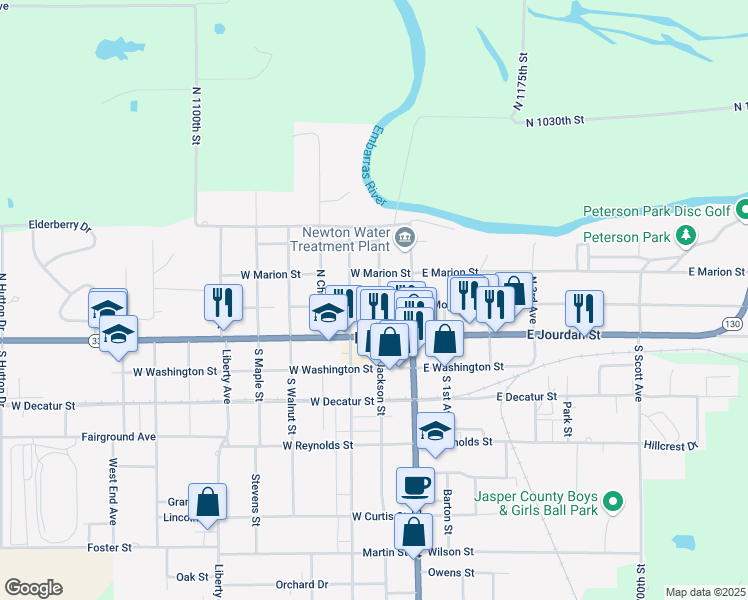 map of restaurants, bars, coffee shops, grocery stores, and more near North Jackson Street in Newton