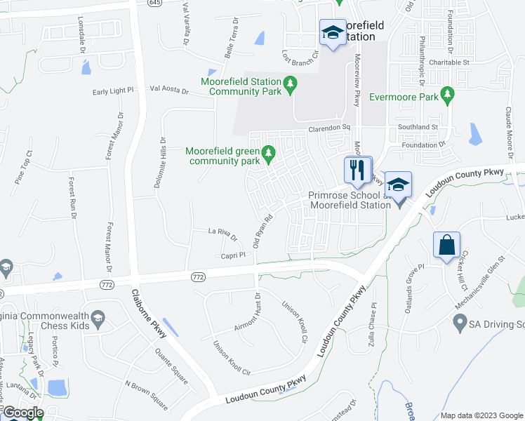 map of restaurants, bars, coffee shops, grocery stores, and more near 43127 Kendrick Square in Ashburn