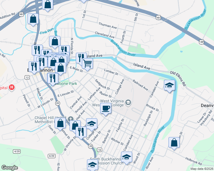 map of restaurants, bars, coffee shops, grocery stores, and more near 129-133 E Main St in Buckhannon