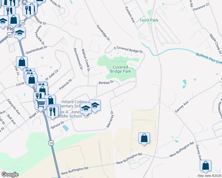 map of restaurants, bars, coffee shops, grocery stores, and more near 120 Berkley Drive in Florence