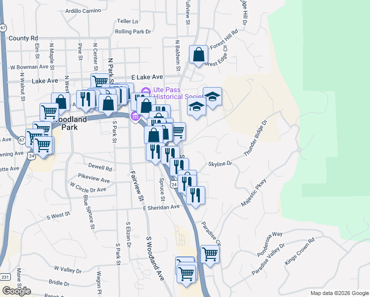 map of restaurants, bars, coffee shops, grocery stores, and more near 303 South Baldwin Street in Woodland Park
