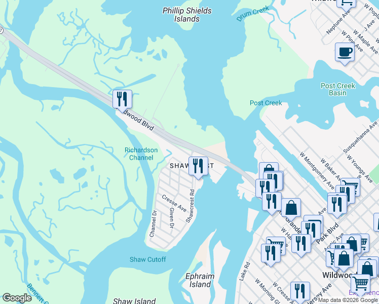 map of restaurants, bars, coffee shops, grocery stores, and more near 1 New Jersey 47 in Wildwood