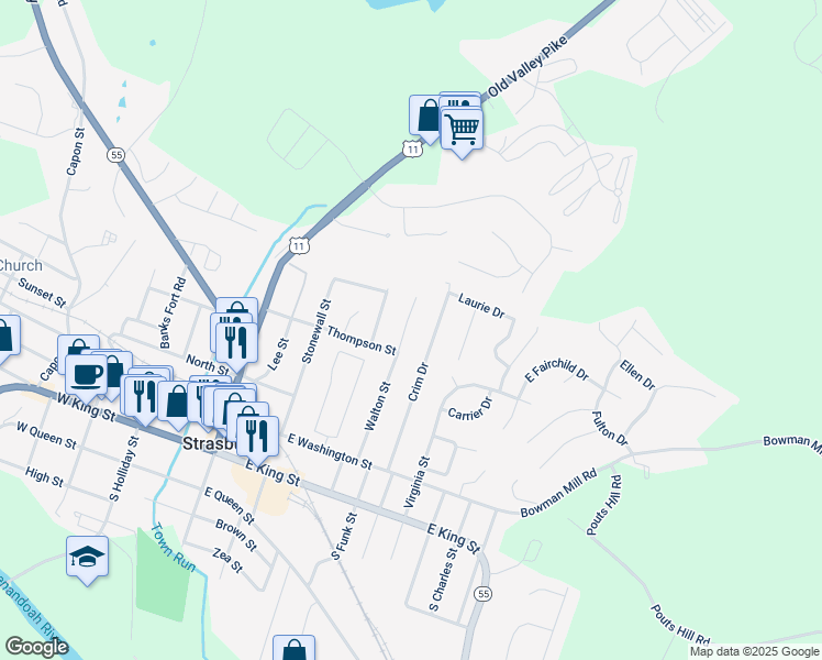 map of restaurants, bars, coffee shops, grocery stores, and more near 446 Walton Street in Strasburg