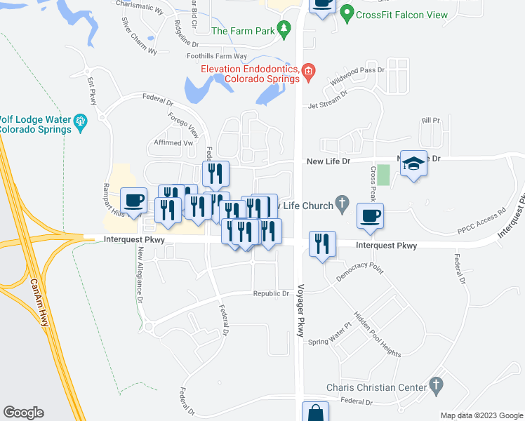 map of restaurants, bars, coffee shops, grocery stores, and more near 11107 Cypress Tree Point in Colorado Springs