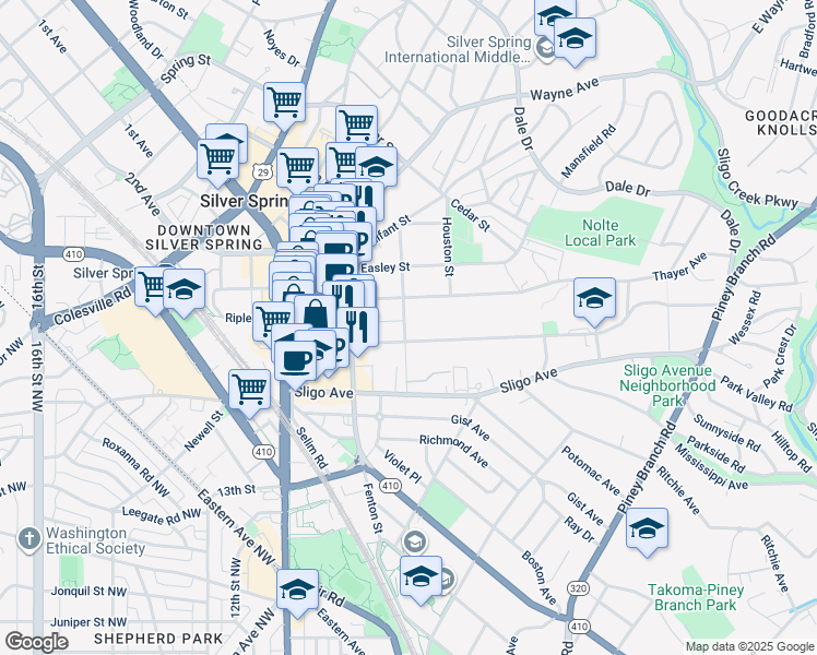map of restaurants, bars, coffee shops, grocery stores, and more near 761 Silver Spring Avenue in Silver Spring