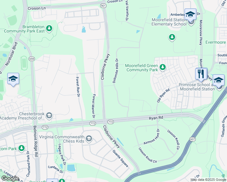 map of restaurants, bars, coffee shops, grocery stores, and more near 22391 Dolomite Hills Drive in Ashburn
