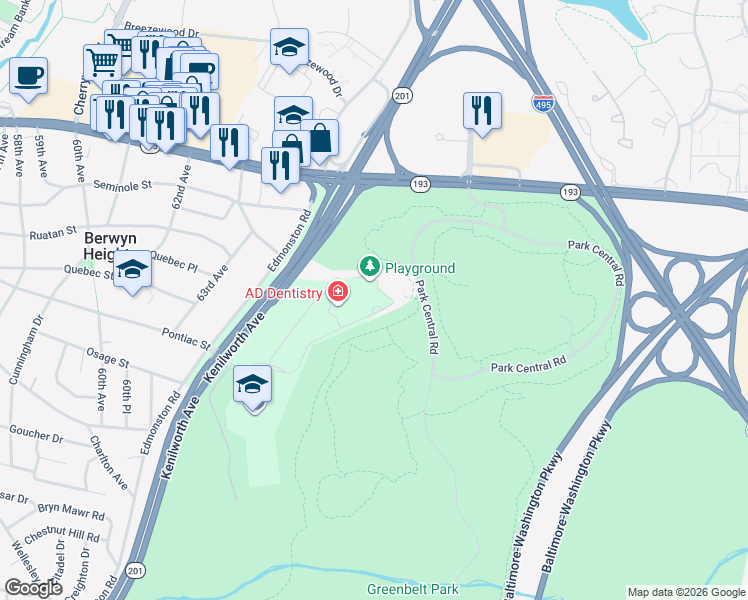 map of restaurants, bars, coffee shops, grocery stores, and more near 6200 Westchester Park Drive in Berwyn Heights
