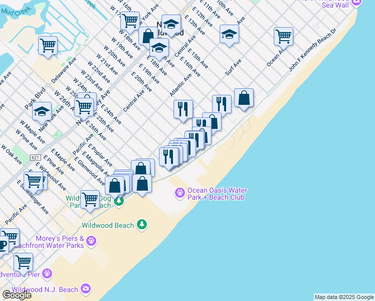 map of restaurants, bars, coffee shops, grocery stores, and more near 425 East 21st Avenue in North Wildwood