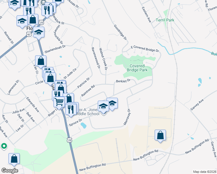 map of restaurants, bars, coffee shops, grocery stores, and more near 160 Raintree Road in Florence