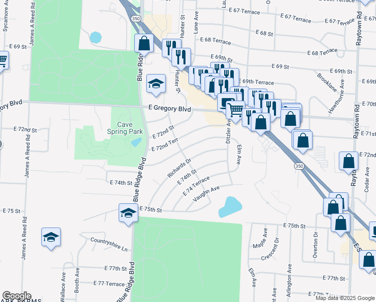 map of restaurants, bars, coffee shops, grocery stores, and more near 9010 East 73rd Street in Raytown