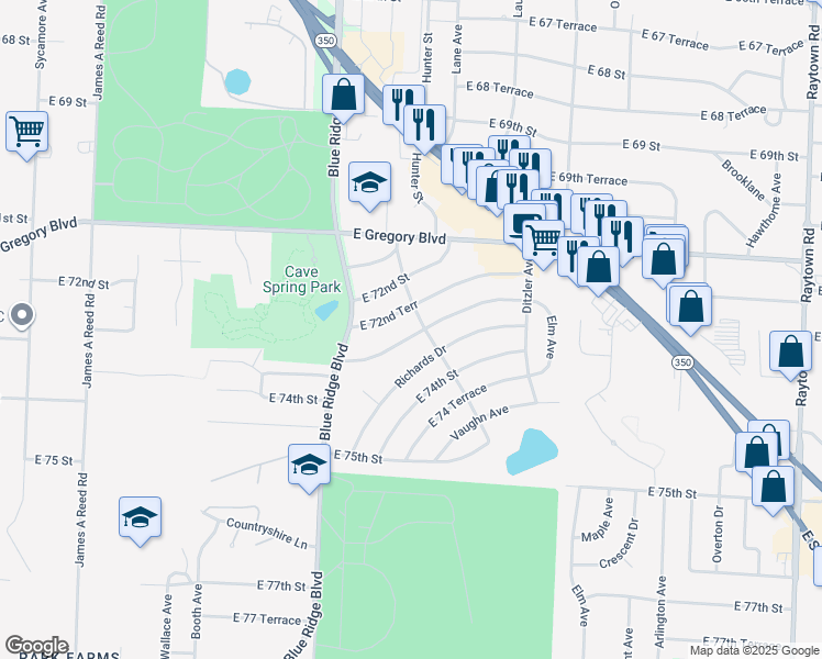 map of restaurants, bars, coffee shops, grocery stores, and more near 9010 East 73rd Street in Raytown