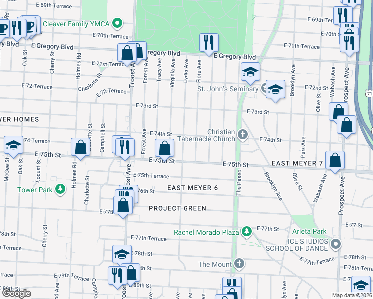 map of restaurants, bars, coffee shops, grocery stores, and more near 7417 Lydia Avenue in Kansas City