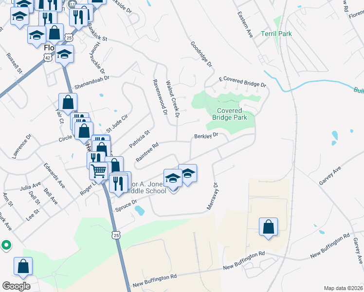 map of restaurants, bars, coffee shops, grocery stores, and more near 160 Raintree Road in Florence