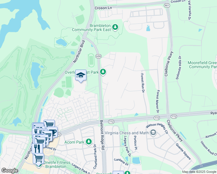 map of restaurants, bars, coffee shops, grocery stores, and more near 22584 Parkland Farms Terrace in Ashburn