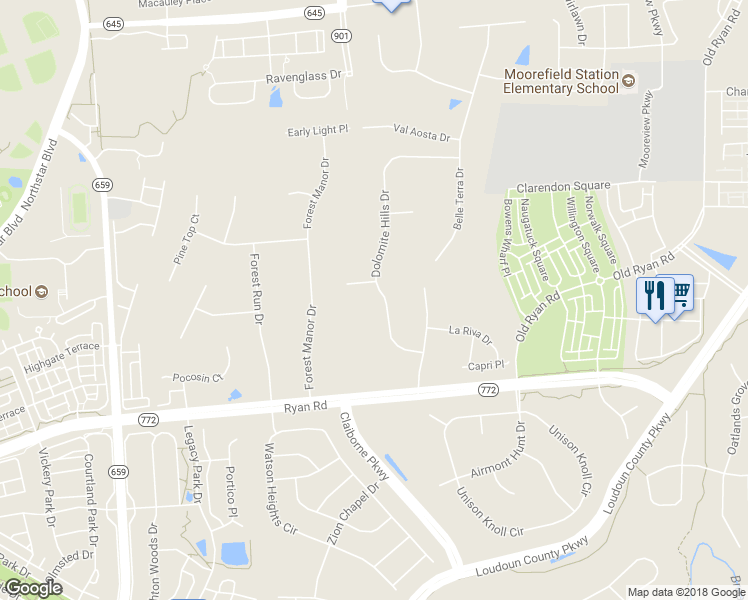map of restaurants, bars, coffee shops, grocery stores, and more near 22391 Dolomite Hills Drive in Ashburn