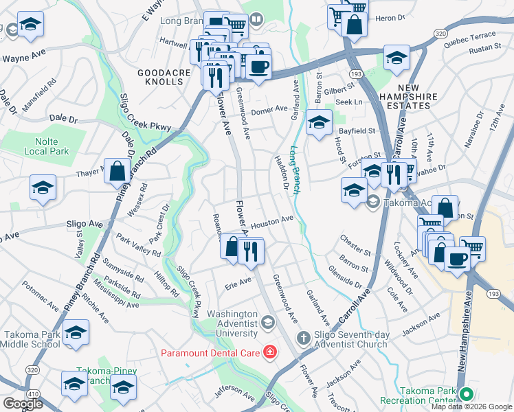 map of restaurants, bars, coffee shops, grocery stores, and more near 8210 Greenwood Avenue in Takoma Park