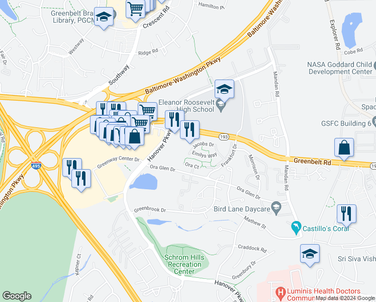 map of restaurants, bars, coffee shops, grocery stores, and more near 7710 Jacobs Drive in Greenbelt