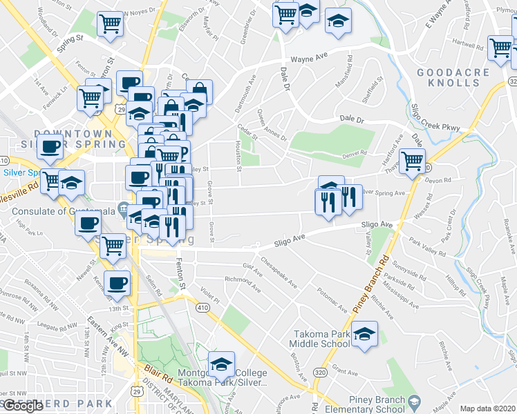 map of restaurants, bars, coffee shops, grocery stores, and more near 727 Silver Spring Avenue in Silver Spring