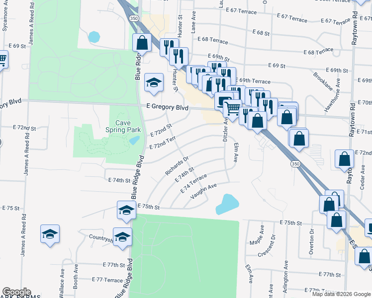 map of restaurants, bars, coffee shops, grocery stores, and more near 9010 East 73rd Street in Raytown