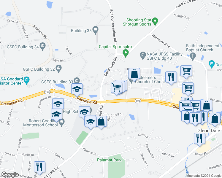 map of restaurants, bars, coffee shops, grocery stores, and more near 9927 Good Luck Road in Lanham