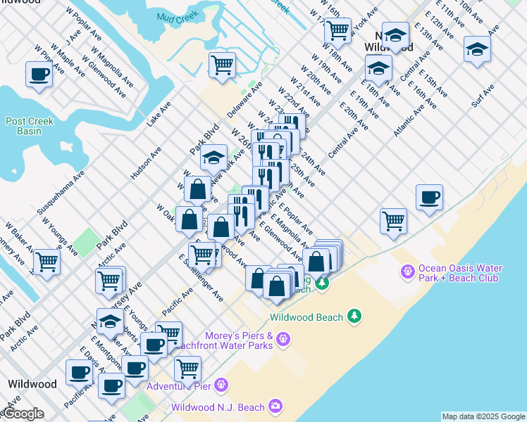 map of restaurants, bars, coffee shops, grocery stores, and more near 2900 Pacific Avenue in Wildwood