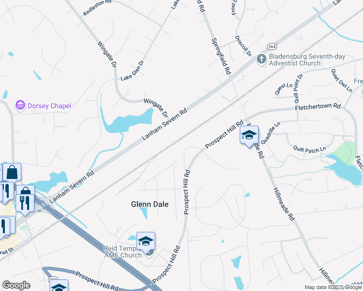 map of restaurants, bars, coffee shops, grocery stores, and more near 11516 Prospect Place in Glenn Dale