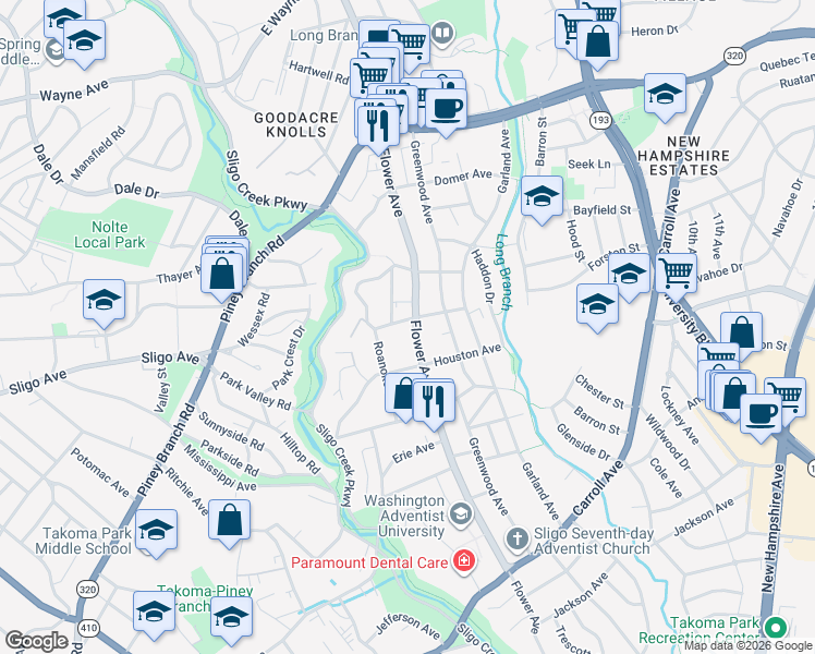 map of restaurants, bars, coffee shops, grocery stores, and more near 711 Hudson Avenue in Takoma Park