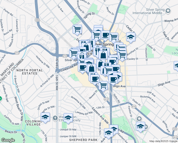 map of restaurants, bars, coffee shops, grocery stores, and more near 1315 East West Highway in Silver Spring