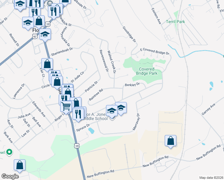 map of restaurants, bars, coffee shops, grocery stores, and more near 160 Raintree Rd in Florence