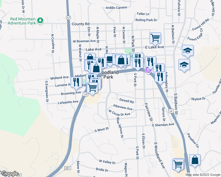 map of restaurants, bars, coffee shops, grocery stores, and more near 140 South West Street in Woodland Park