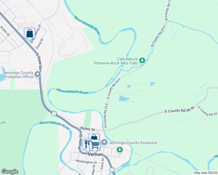 map of restaurants, bars, coffee shops, grocery stores, and more near 495 North County Road 25 East in North Vernon