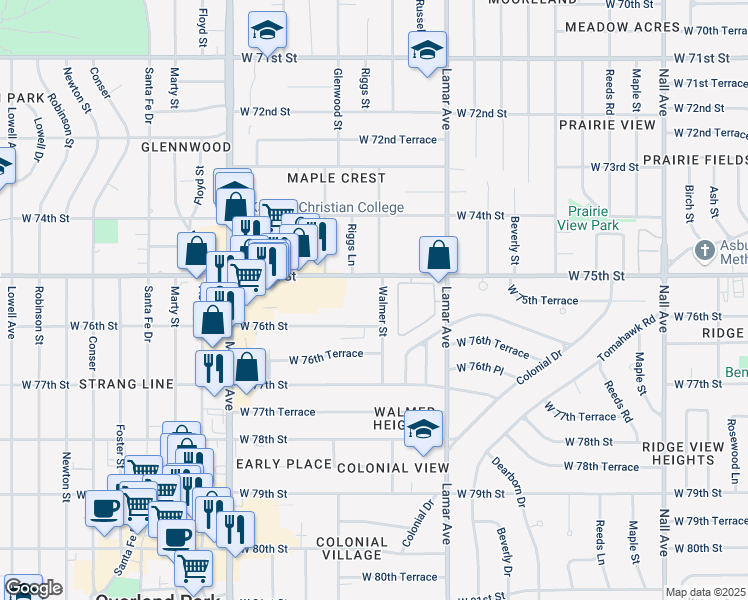 map of restaurants, bars, coffee shops, grocery stores, and more near 6555 West 75th Street in Overland Park
