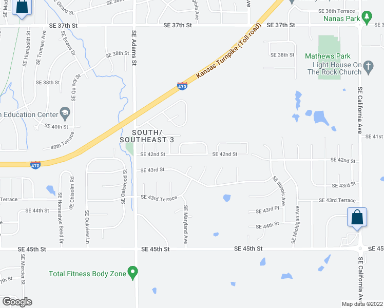 map of restaurants, bars, coffee shops, grocery stores, and more near 1002 Southeast 42nd Street in Topeka