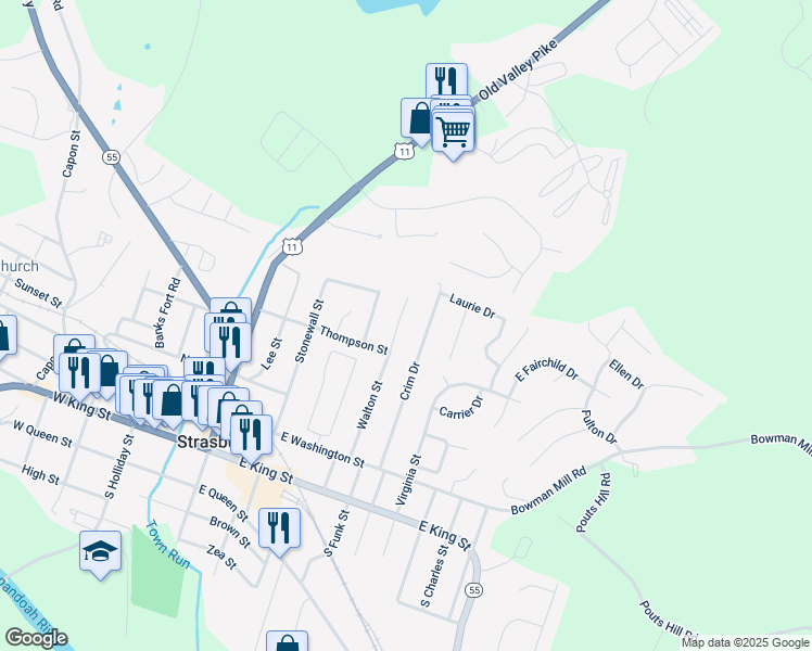 map of restaurants, bars, coffee shops, grocery stores, and more near 446 Walton Street in Strasburg