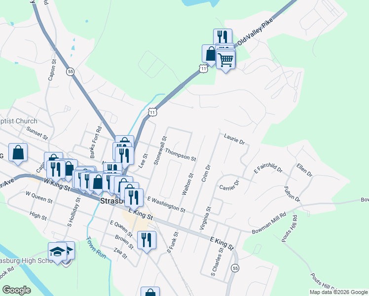 map of restaurants, bars, coffee shops, grocery stores, and more near 462 Pleasant View Drive in Strasburg